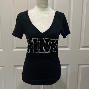 Victoria’s Secret PINK Logo - Black Vneck - velvet letters  - size XS